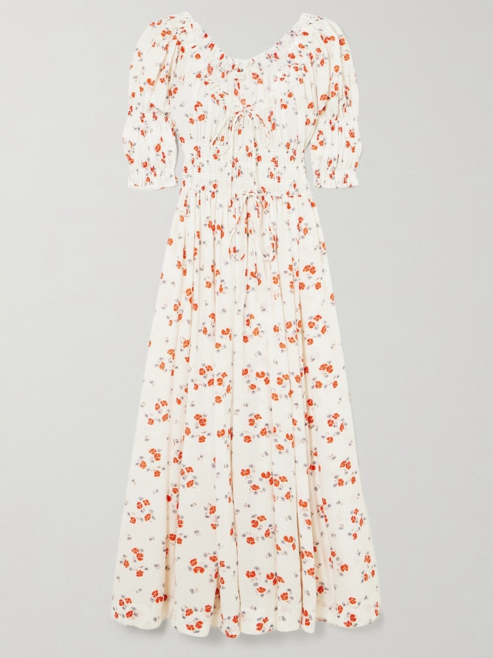 Doen Ischia shirred floral-print organic cotton-blend voile midi dress